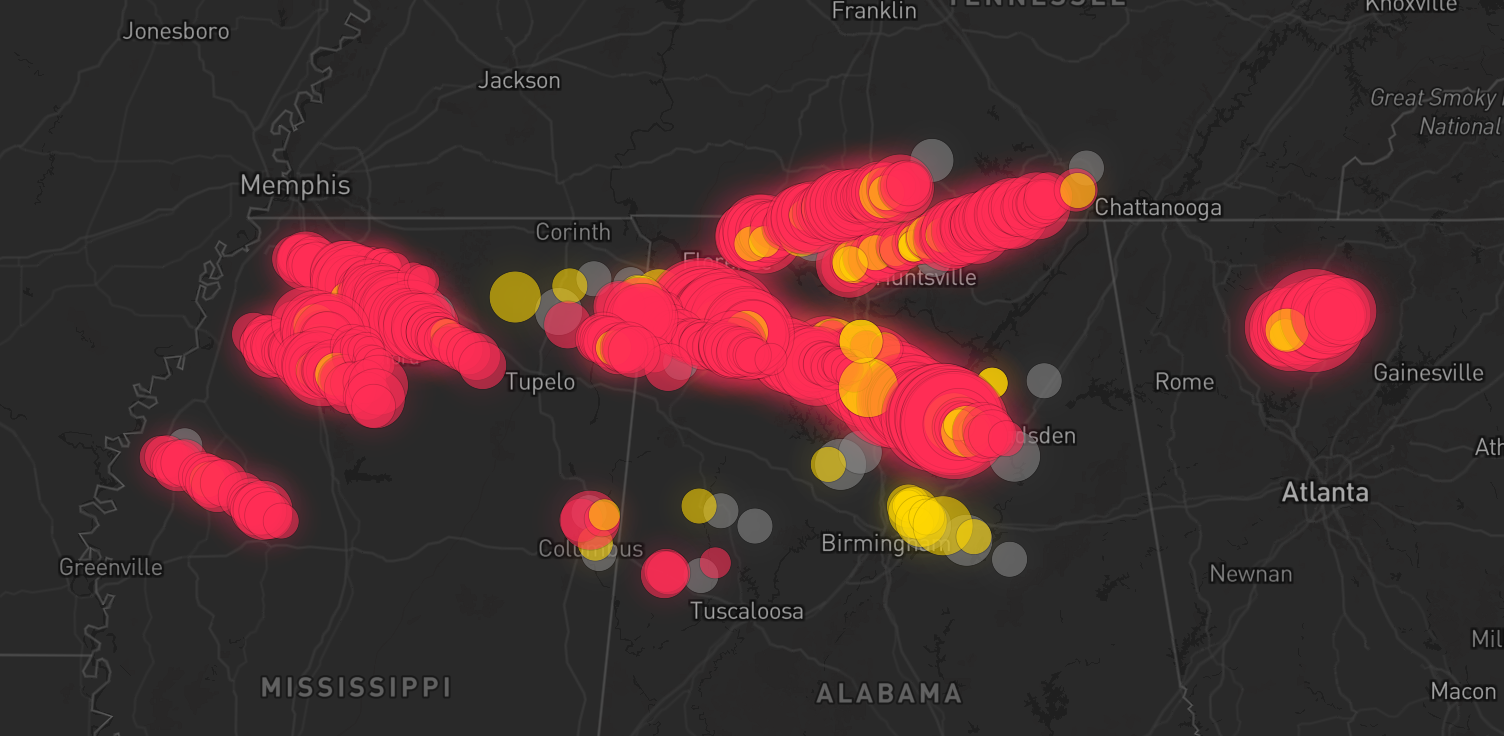 Storm warning map: Hanceville, AL
