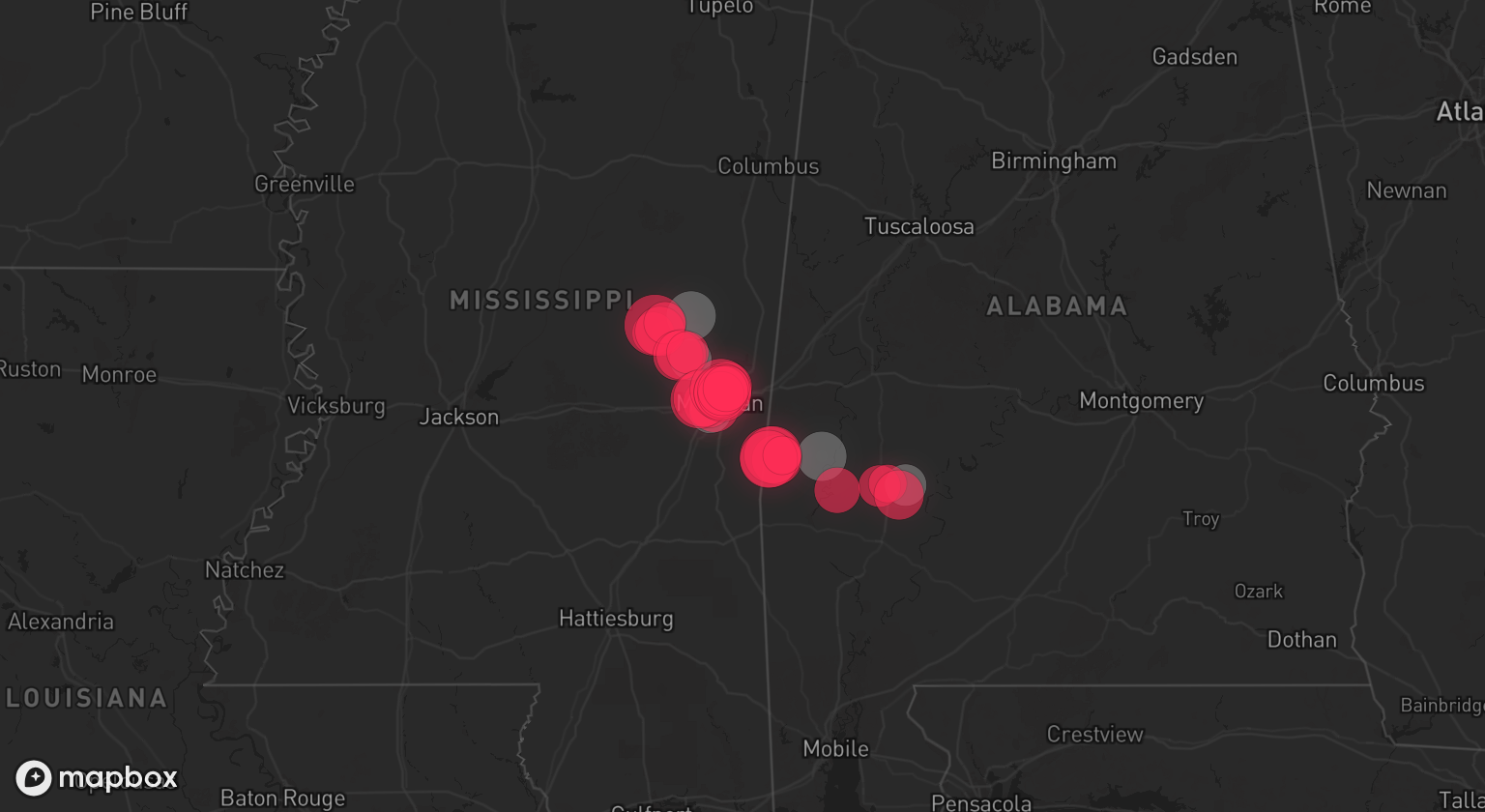 Storm warning map: Meridian, MS